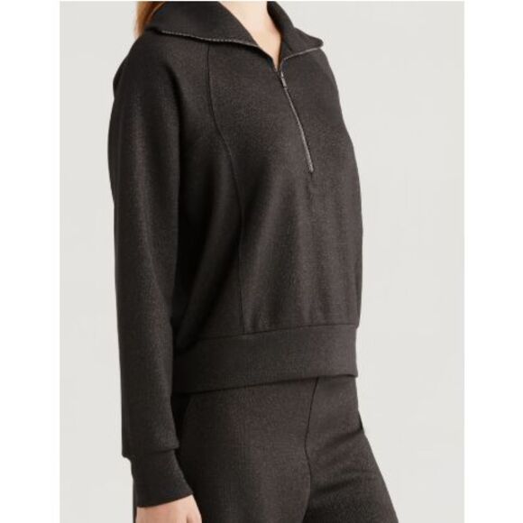 Spanx AirEssentials Shine Half Zip Sweatshirt- Very Black / Silver Shimmer Size - Picture 3 of 12